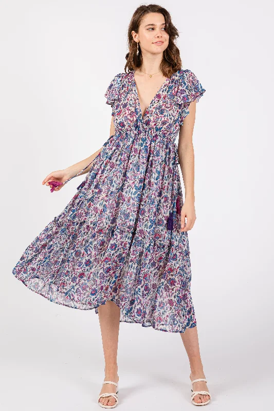 Blue Floral Chiffon Flutter Sleeve Ruffle Hem Midi Dress