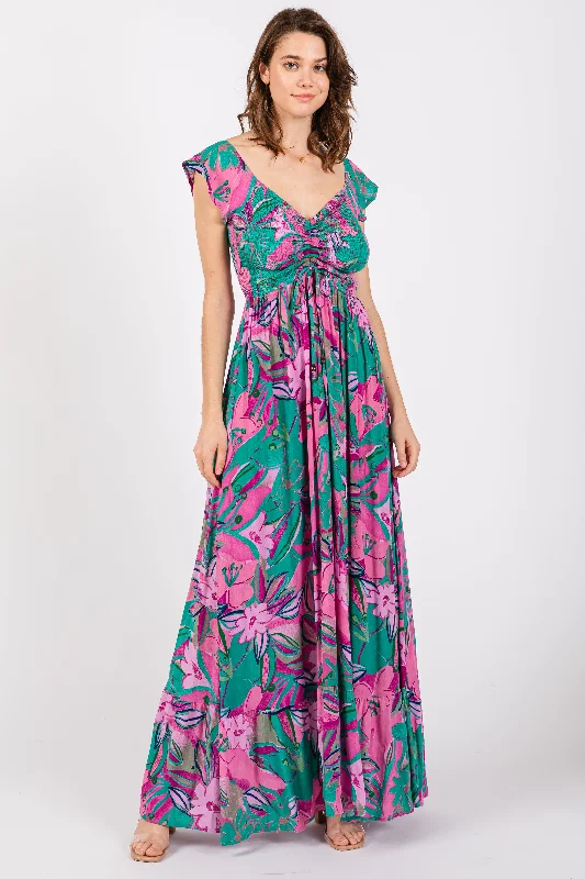 Violet Floral Smocked Off Shoulder Maxi Dress