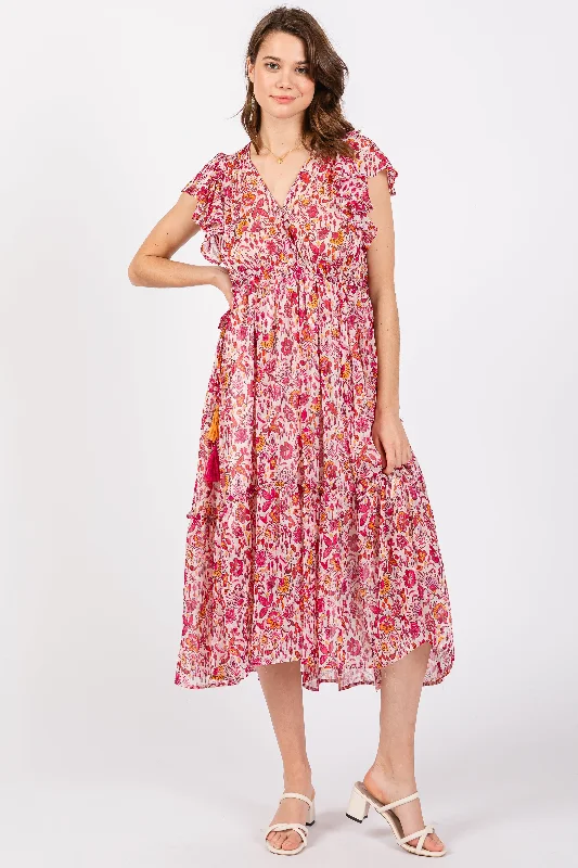 Pink Floral Chiffon Flutter Sleeve Ruffle Hem Midi Dress