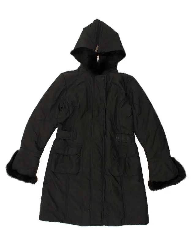 ROCCOBAROCCO Womens Hooded Overcoat UK 14 Large Black Polyester