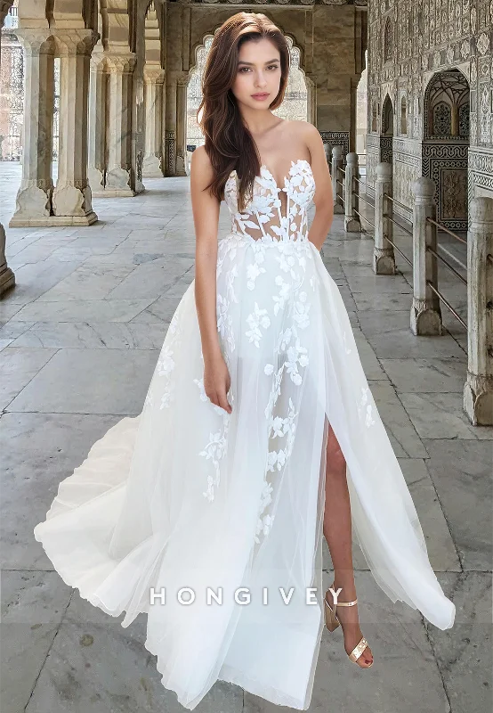 Strapless Sweetheart Applique Tulle A-Line with Slit Engagement Wedding Dress