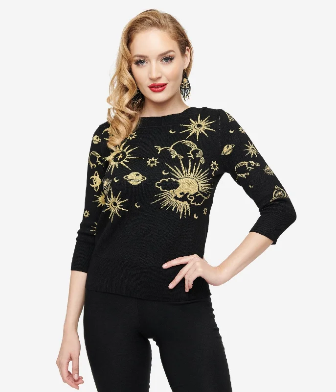 Unique Vintage 1950s Black & Gold Celestial Minou Sweater