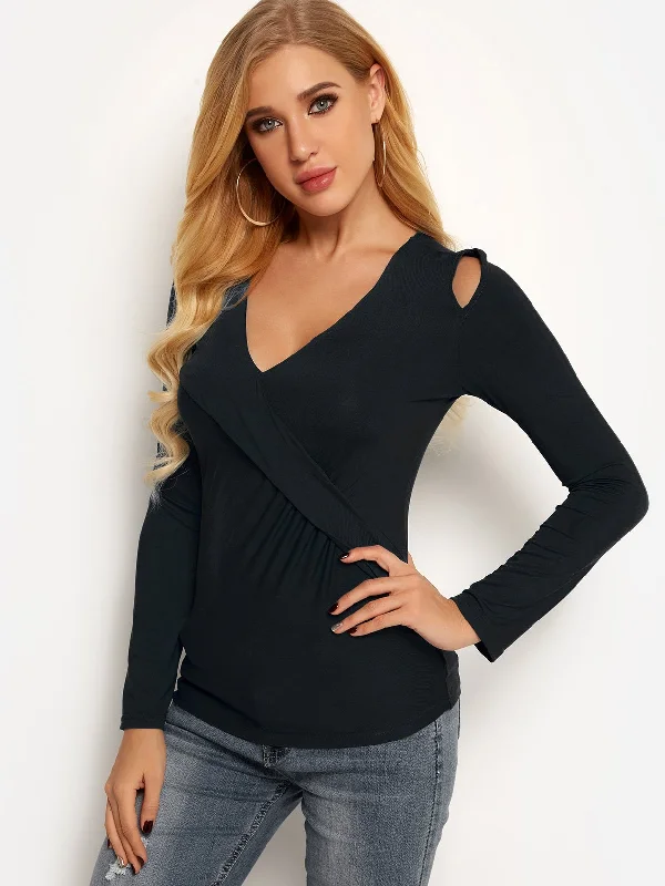 OEM ODM V-Neck Plain Crossed Front Cut Out Pleated Long Sleeve Black Top