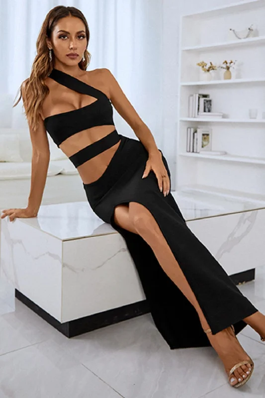 One-Shoulder Sexy Cutout Front Split Maxi Dress