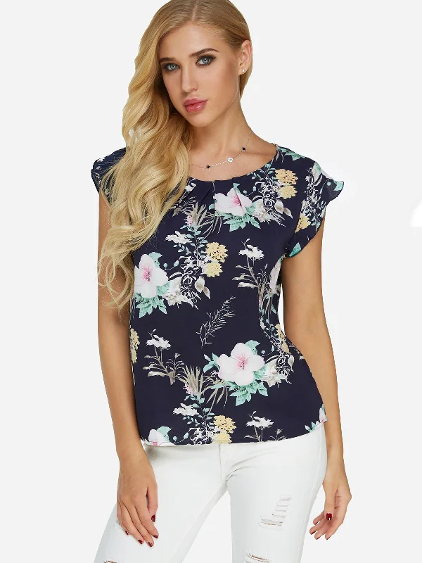 OEM ODM Round Neck Floral Print Short Sleeve Navy T-Shirts