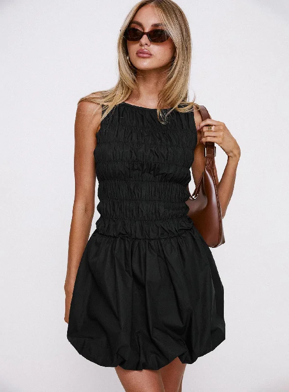 Demure Shirred Bubble Hem Mini Dress Black