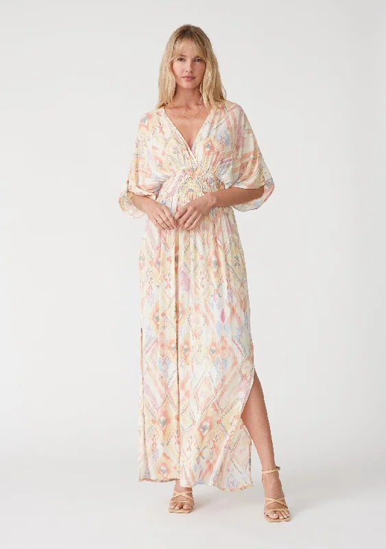 Ivory Printed Deep V-Neck Maxi Dress