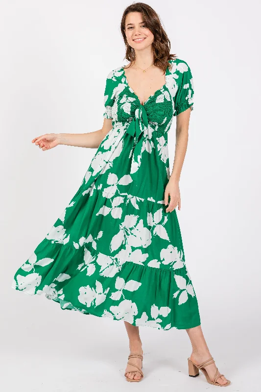 Green Floral Smocked Knotted Top Maxi Dress