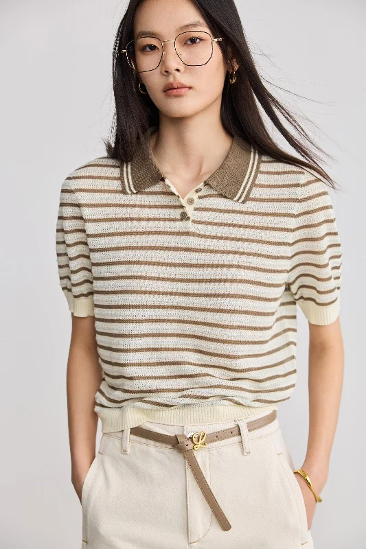 LILY Striped Casual Polo Neck Knit Top