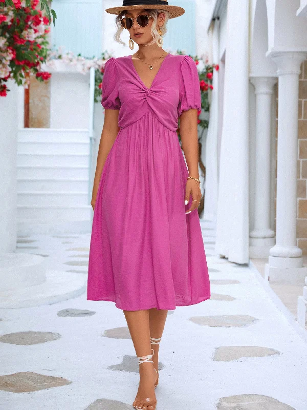 Twisted Short Puff Sleeve V-Neck Dress