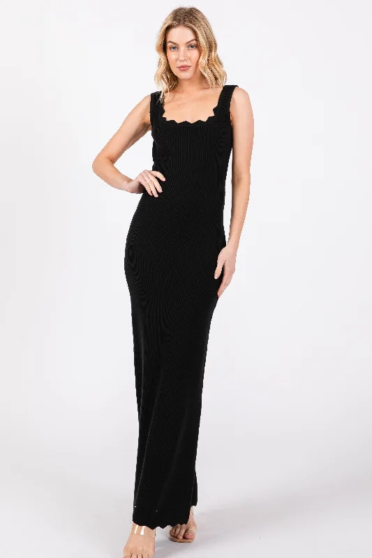 Black Ribbed Scalloped Neck Sleeveless Low Back Maxi Dress