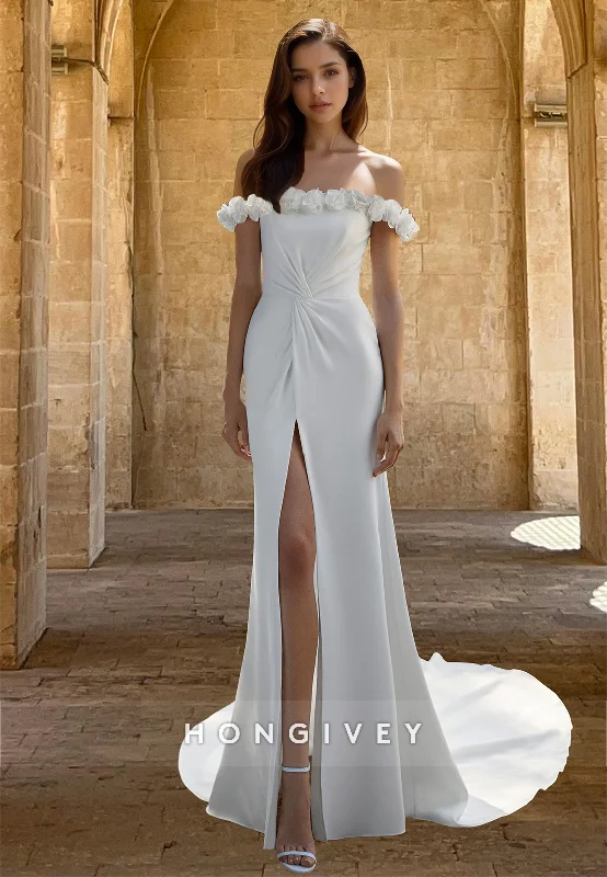 Chic Floral Off-Shoulder Sheath Satin with Slit Bridal Wedding Dress 2025