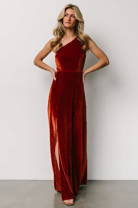 Tatiana Velvet One Shoulder Maxi Dress | Rust