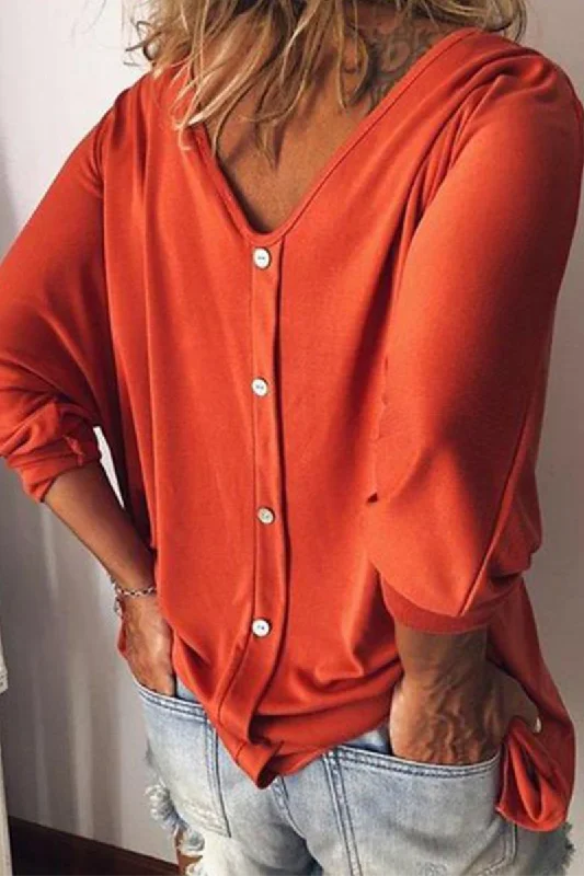 Casual Solid Buckle V Neck T-Shirts