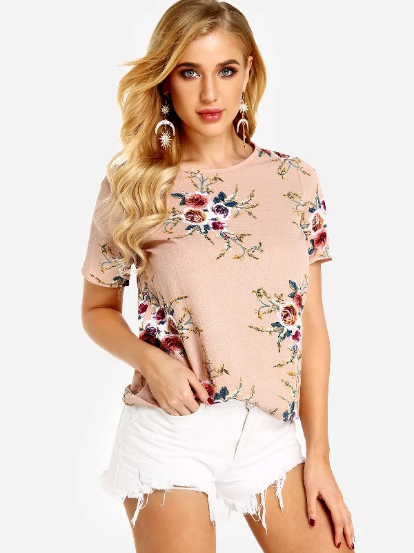 OEM ODM Crew Neck Floral Print Short Sleeve Khaki T-Shirts