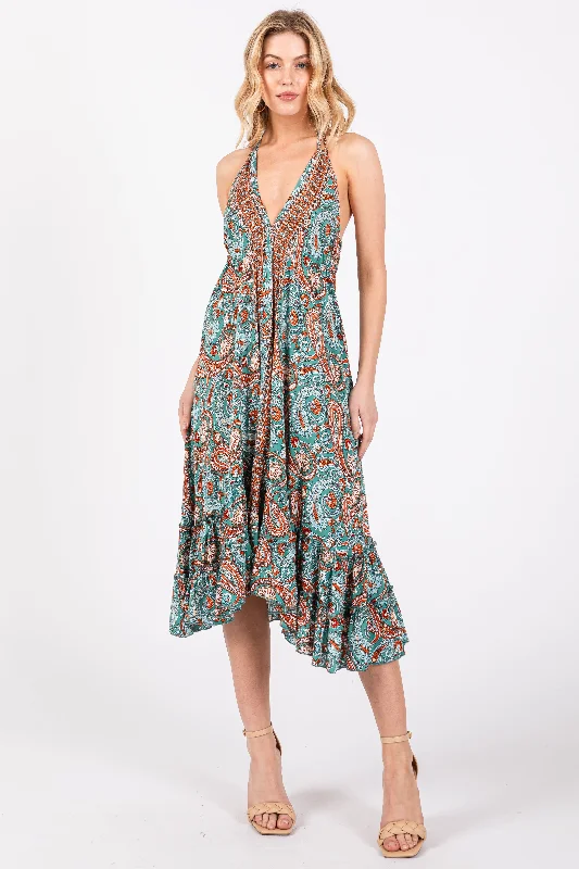 Aqua Floral Paisley Cut-Out Back Halter Dress