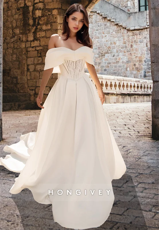 Chic Off-Shoulder A-Line Satin with Train Wedding Dress Bride Gown