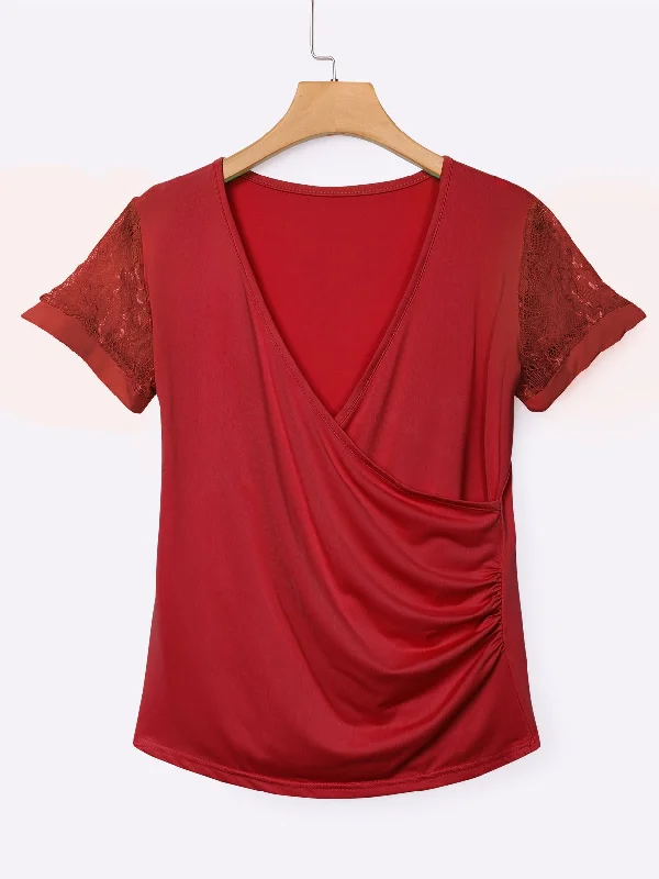 OEM ODM Deep V-Neck Lace Short Sleeve Bodycon Hem Red T-Shirts