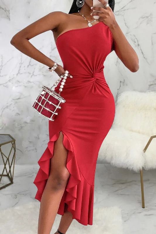 Sexy Solid Patchwork Flounce One Shoulder Irregular Dress Dresses