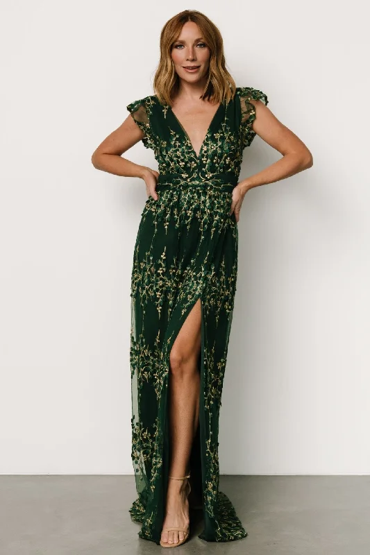 Eva Embroidered Maxi Dress | Green + Gold