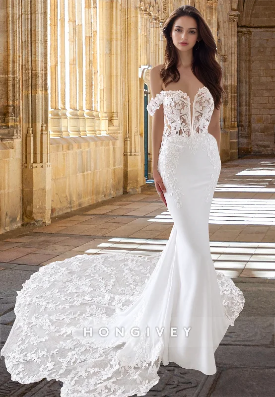 Special Sexy with Train Applique Mermaid Wedding Dress Bride Gown HONGIVEY