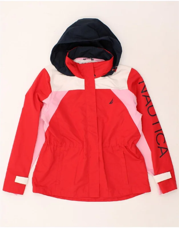 NAUTICA Womens Graphic Hooded Rain Jacket UK 16 Large Red Colourblock