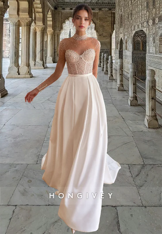 Sexy Beaded Pearls High Neck Long Sleeves A-Line with Train Bridal Wedding Dress