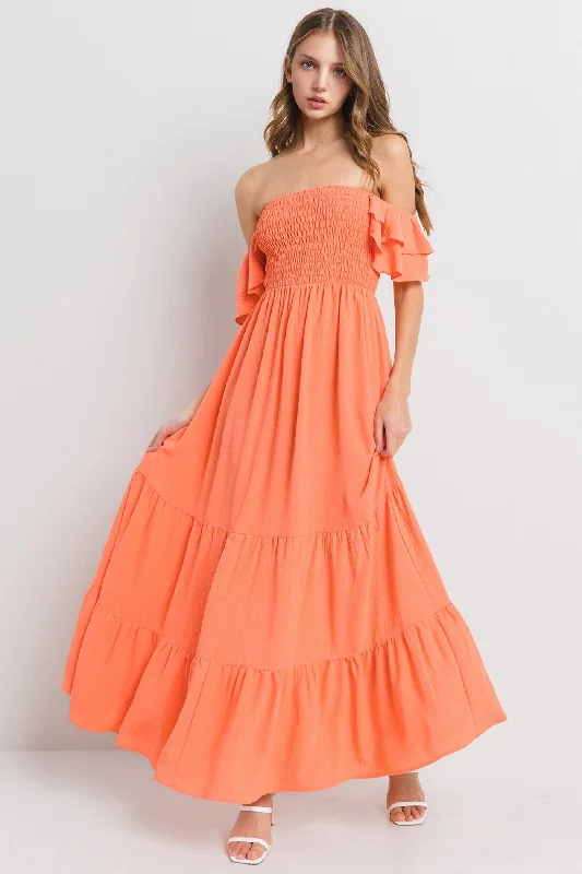 Orange Smocked Ruffle Off Shoulder Tiered Maxi Dress