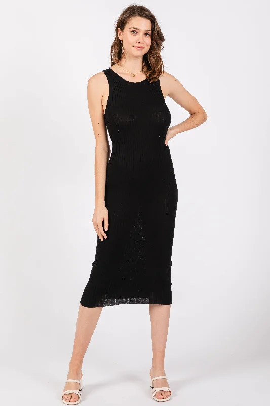 Black Sleeveless Ribbed Midi Dress