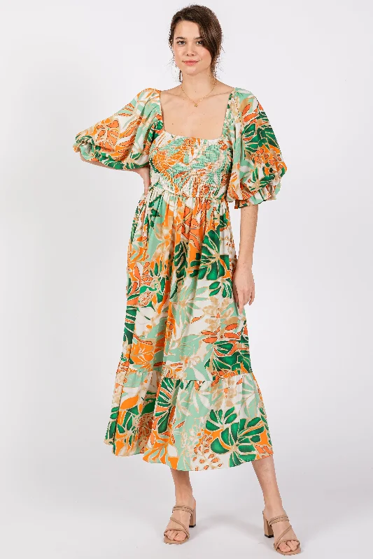 Orange Leaf Print Puff Sleeve Smocked Midi Dress