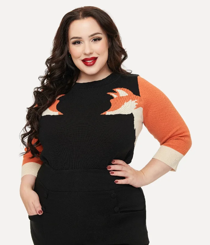 Unique Vintage Plus Size Black & Orange Fox Sleeve Minou Sweater